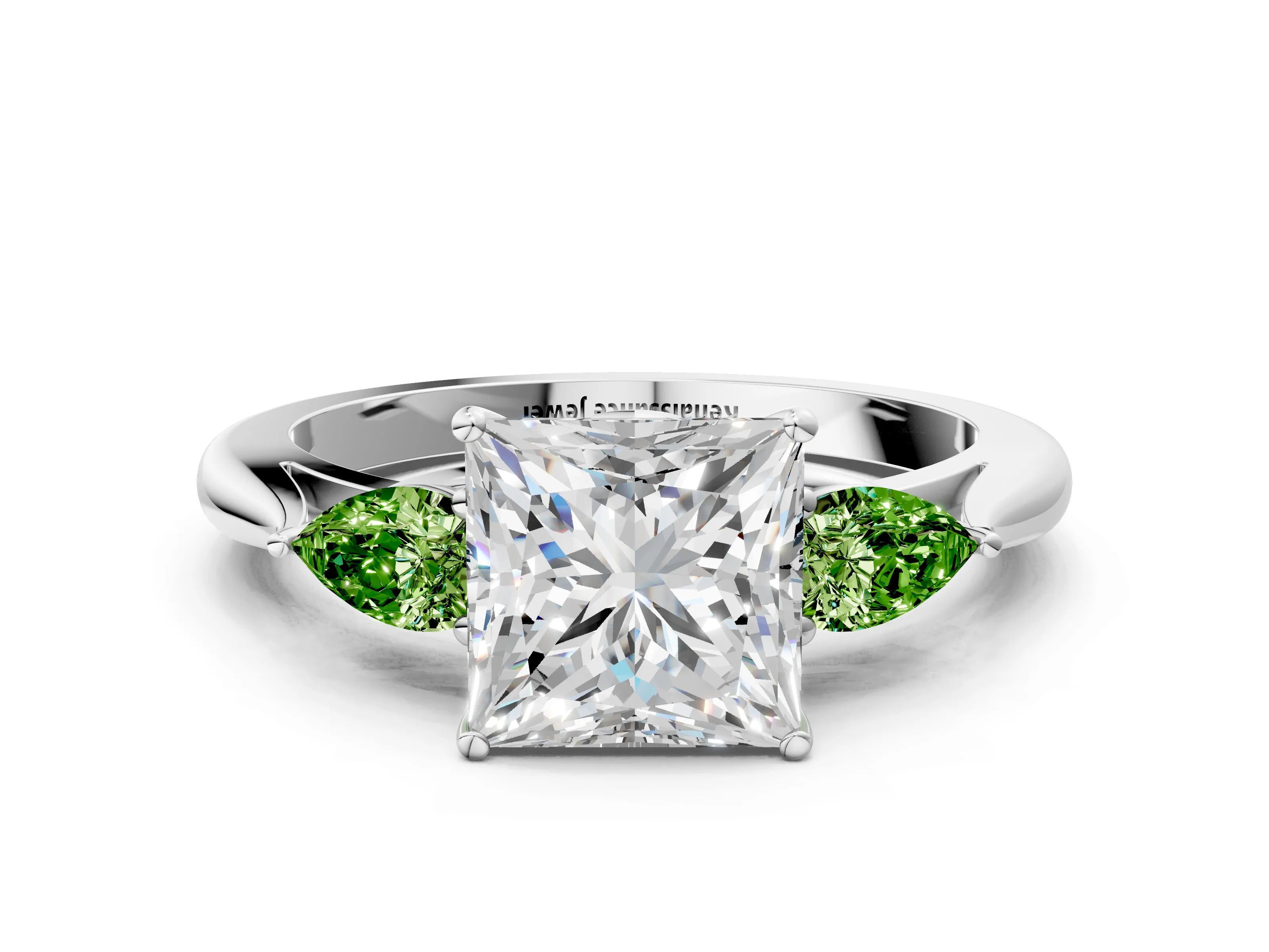 White gold Princess Cut Diamond Three-Stone Ring with Pear with Peridot side stone Side Stones and Prong Setting_24