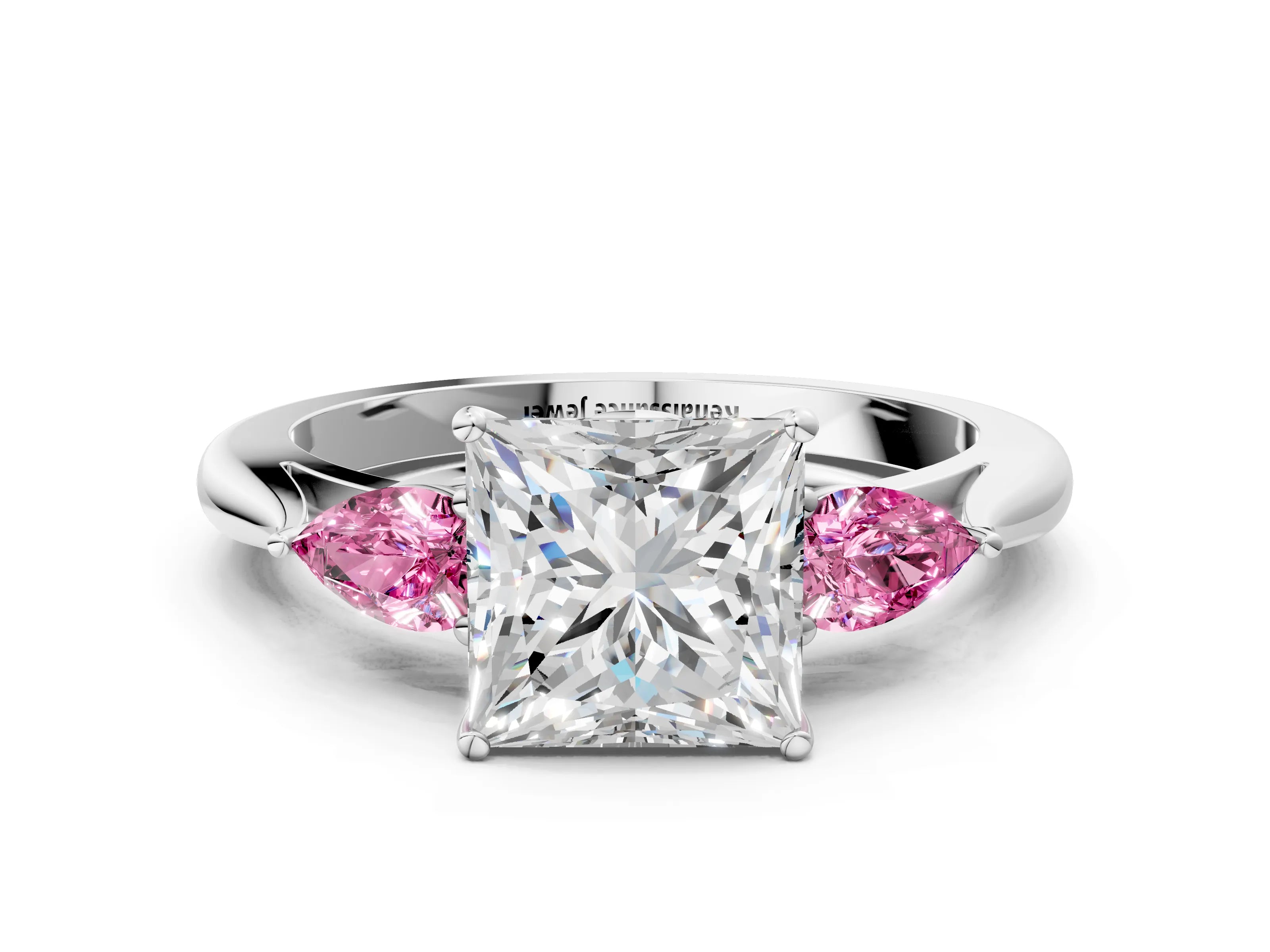 White gold Princess Cut Diamond Three-Stone Ring with Pear with Pink Sapphire side stone Side Stones and Prong Setting_36