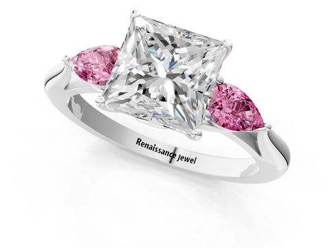 White gold Princess Cut Diamond Three-Stone Ring with Pear with Pink Sapphire side stone Side Stones and Prong Setting_37