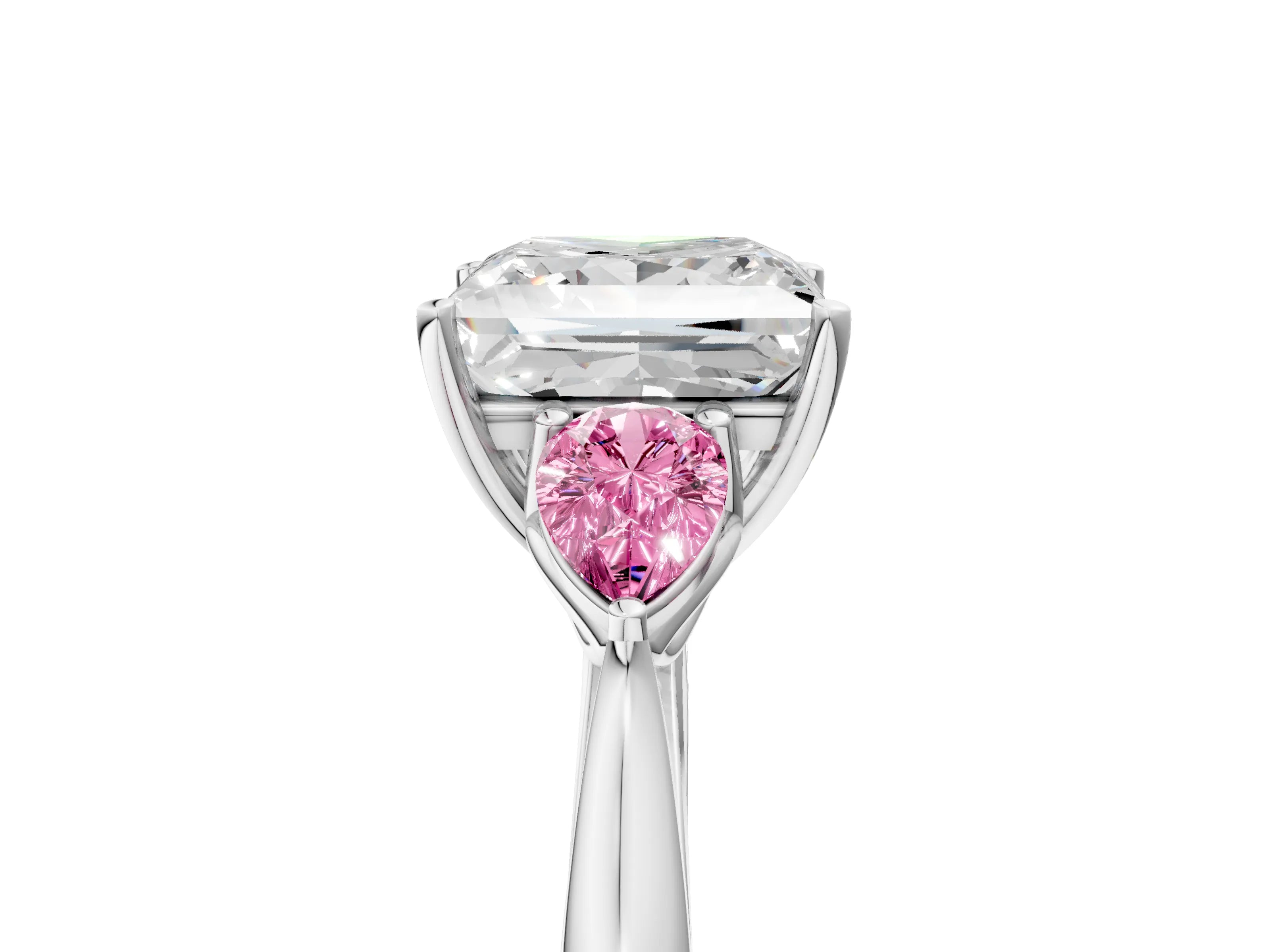 White gold Princess Cut Diamond Three-Stone Ring with Pear with Pink Sapphire side stone Side Stones and Prong Setting_53