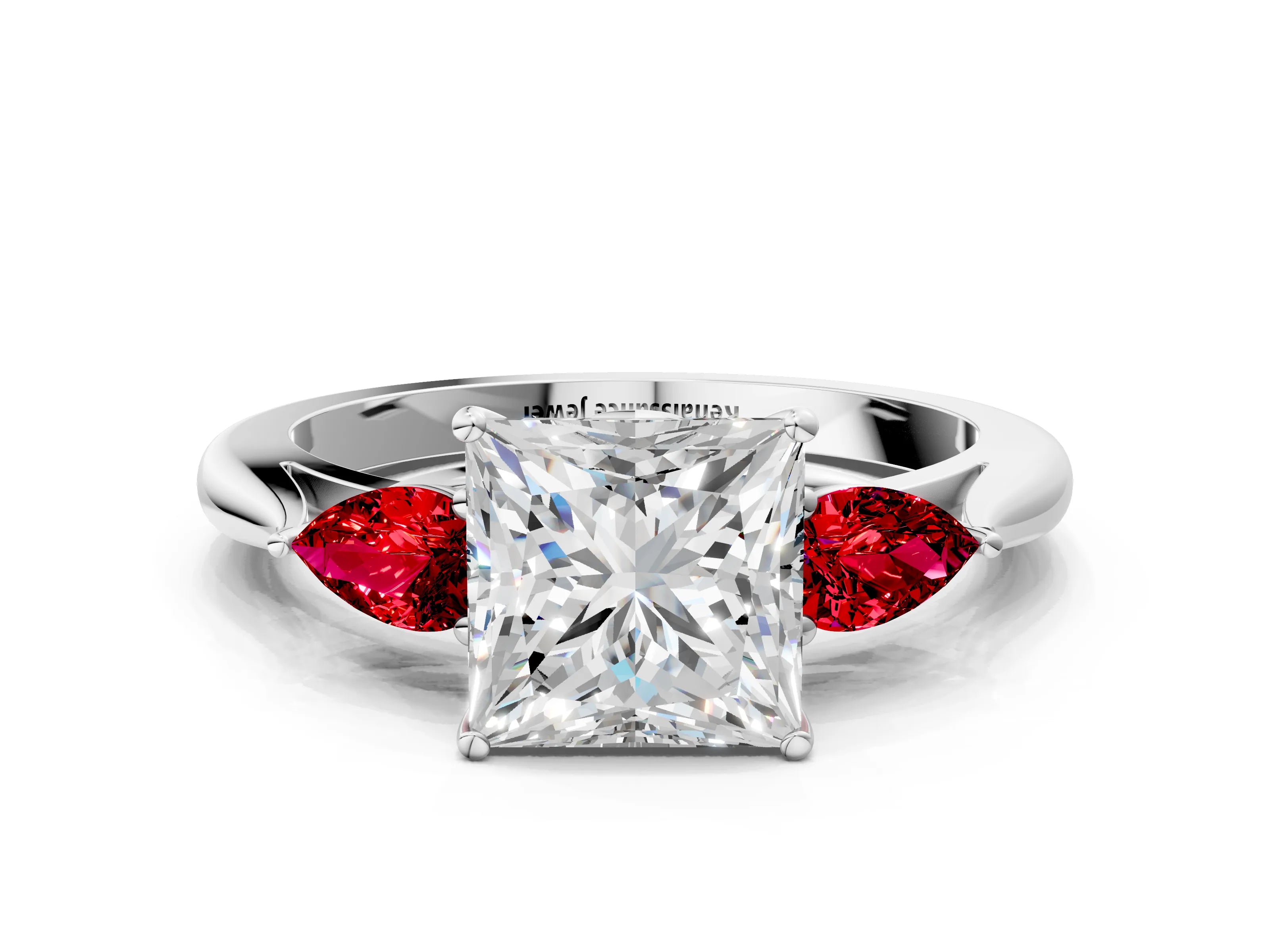 White gold Princess Cut Diamond Three-Stone Ring with Pear with Ruby side stone Side Stones and Prong Setting_12