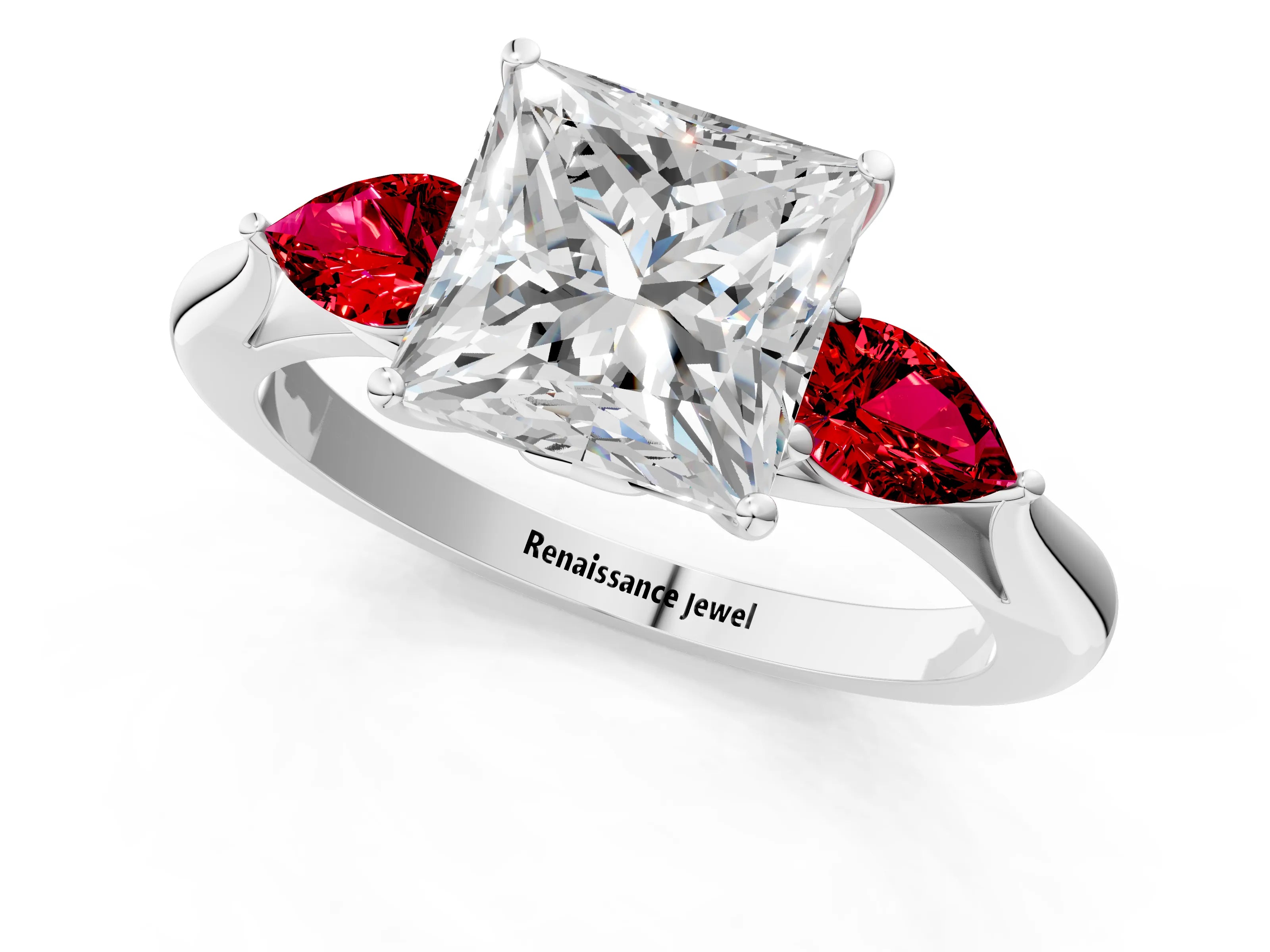 White gold Princess Cut Diamond Three-Stone Ring with Pear with Ruby side stone Side Stones and Prong Setting_13
