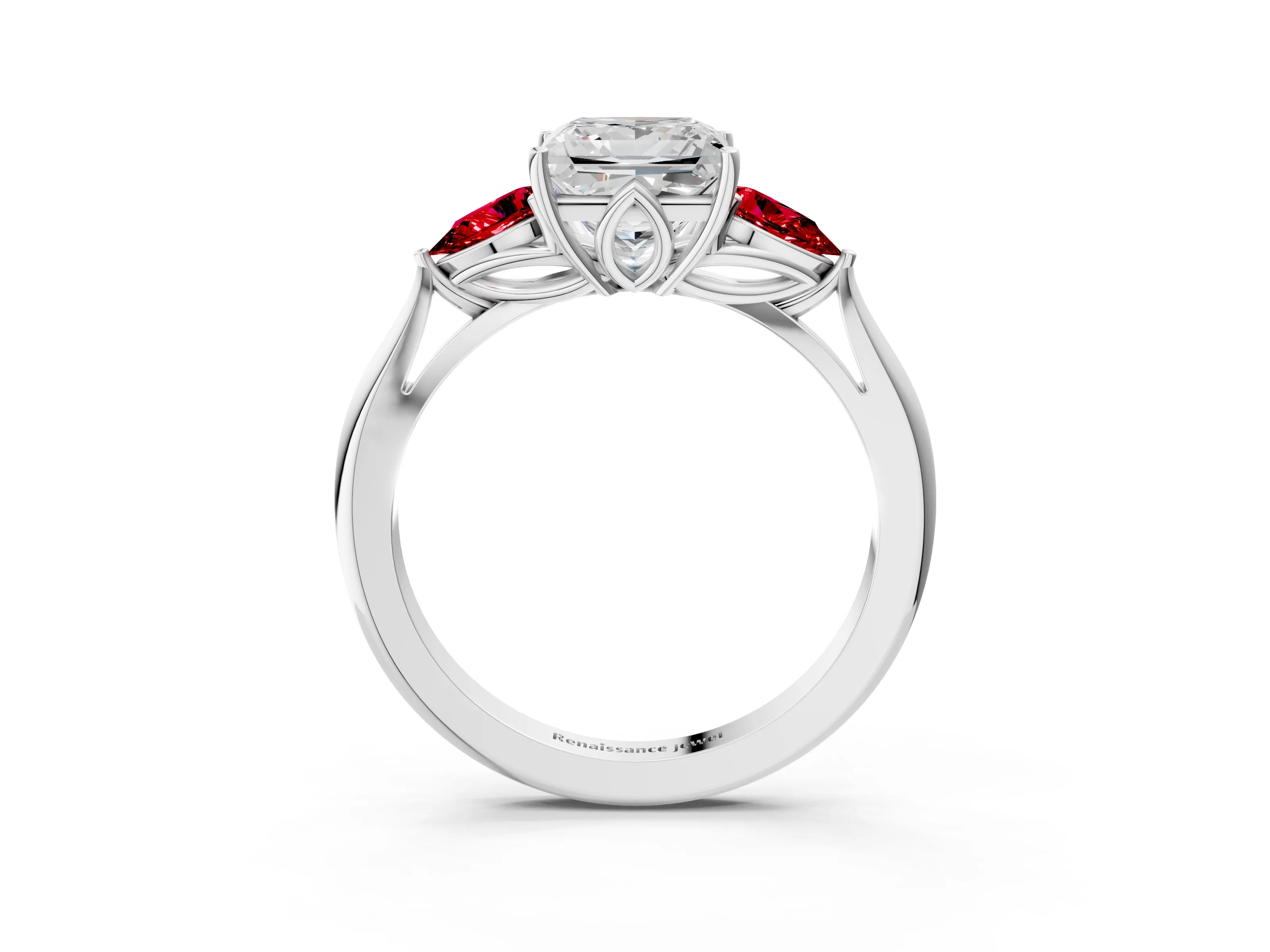 White gold Princess Cut Diamond Three-Stone Ring with Pear with Ruby side stone Side Stones and Prong Setting_15