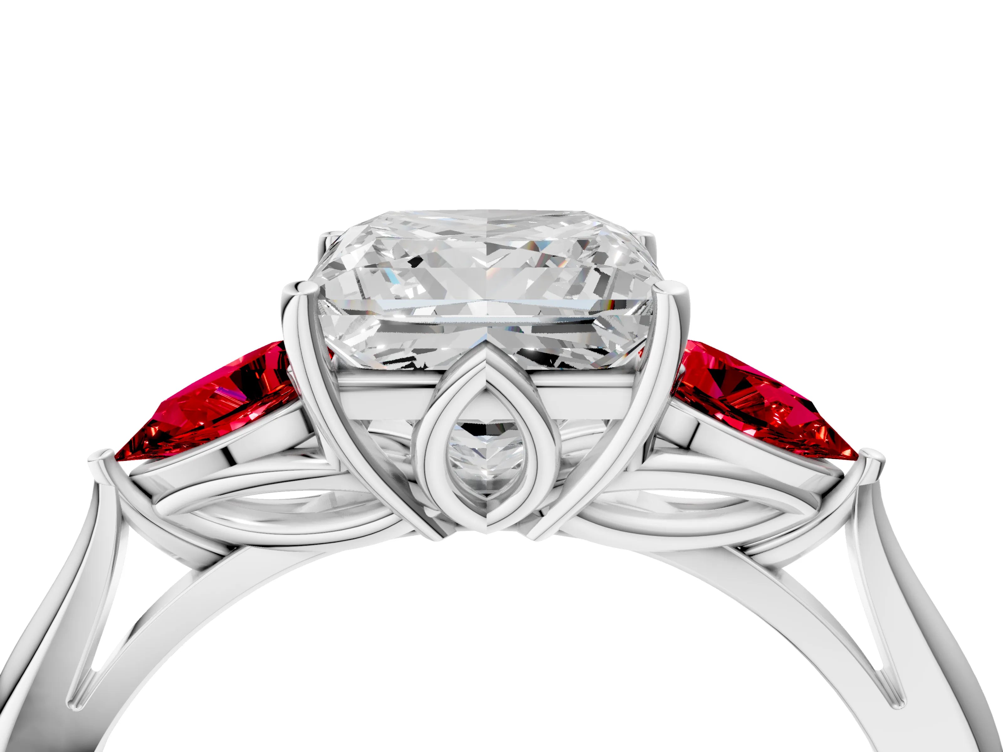 White gold Princess Cut Diamond Three-Stone Ring with Pear with Ruby side stone Side Stones and Prong Setting_16