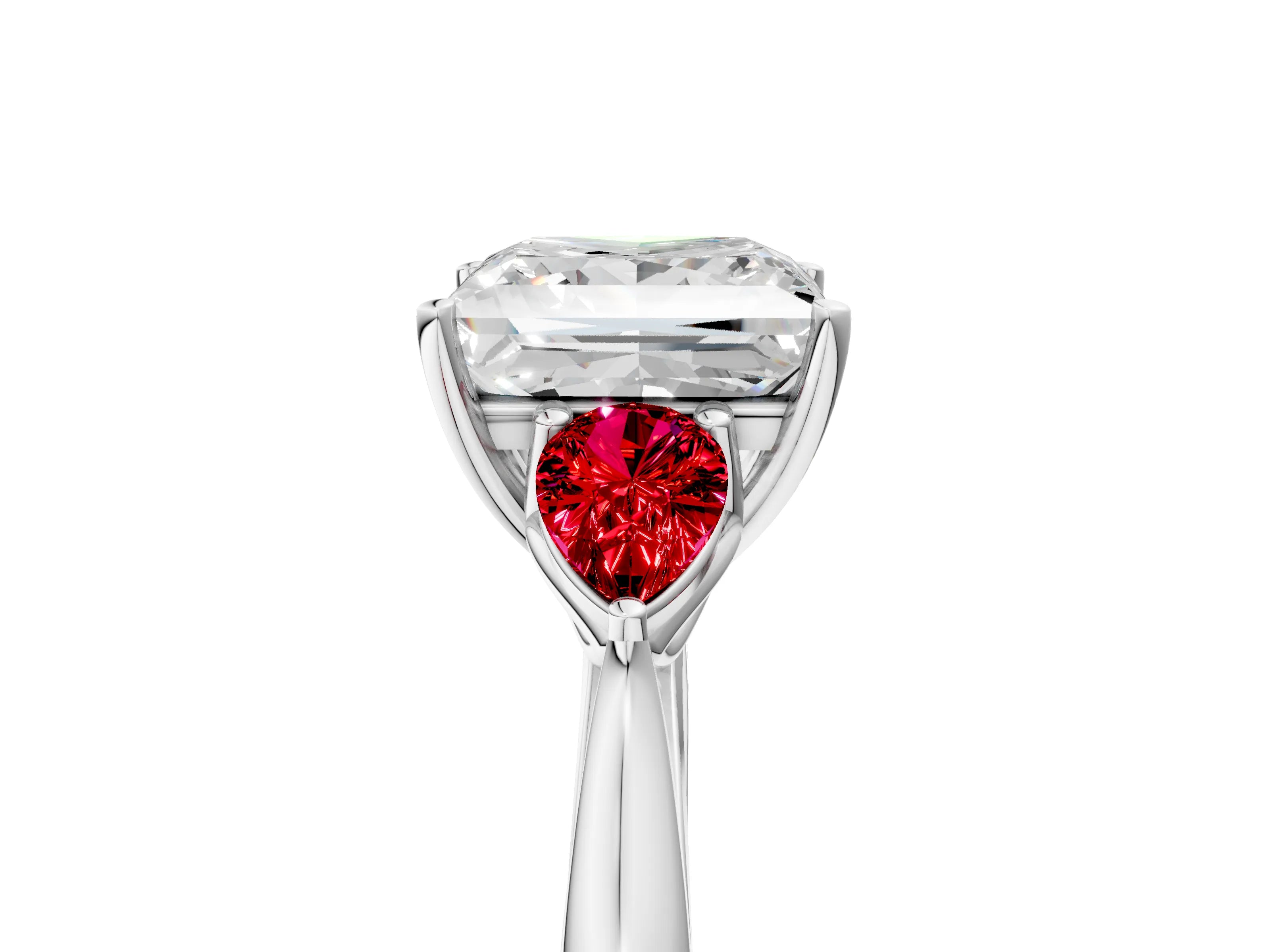 White gold Princess Cut Diamond Three-Stone Ring with Pear with Ruby side stone Side Stones and Prong Setting_17
