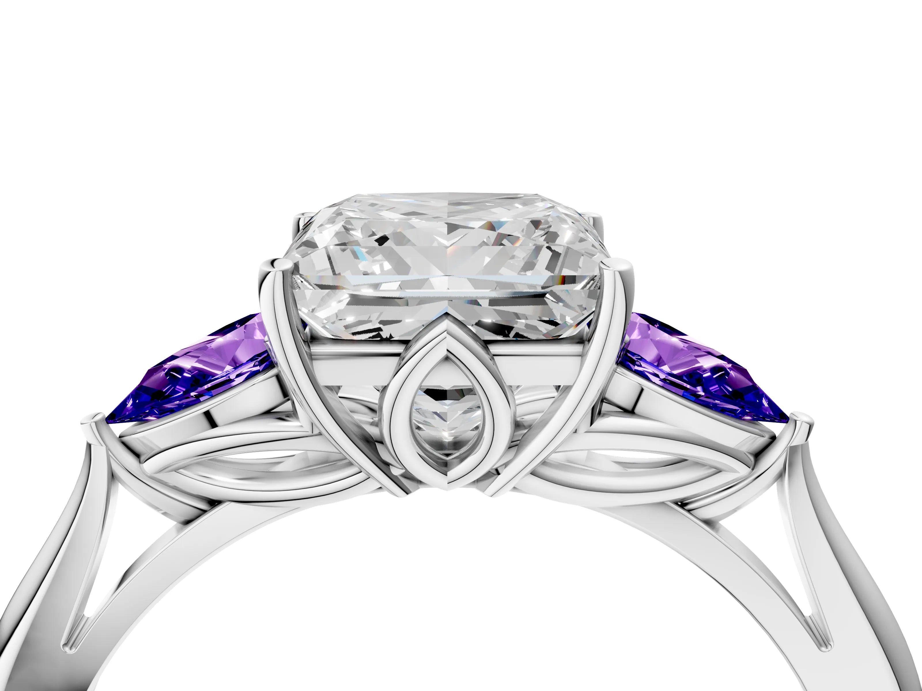 White gold Princess Cut Diamond Three-Stone Ring with Pear with Tanzanite side stone Side Stones and Prong Setting_16