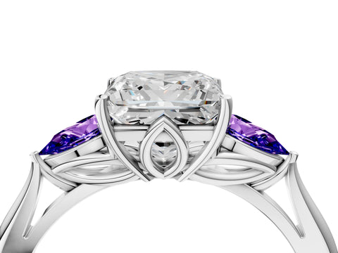 White gold Princess Cut Diamond Three-Stone Ring with Pear with Tanzanite side stone Side Stones and Prong Setting_16