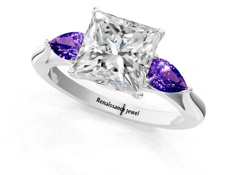 White gold Princess Cut Diamond Three-Stone Ring with Pear with Tanzanite side stone Side Stones and Prong Setting_1