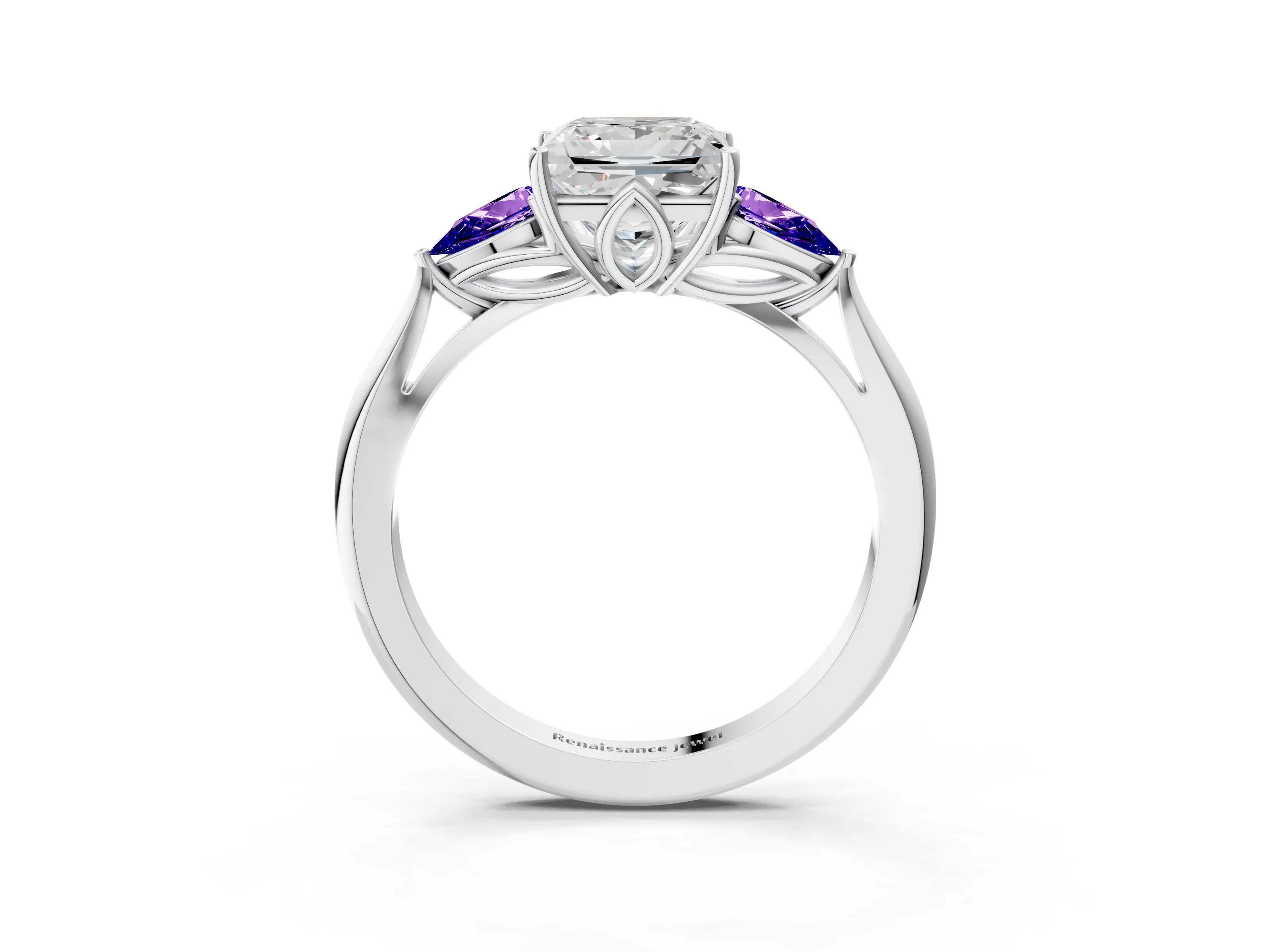 White gold Princess Cut Diamond Three-Stone Ring with Pear with Tanzanite side stone Side Stones and Prong Setting_3