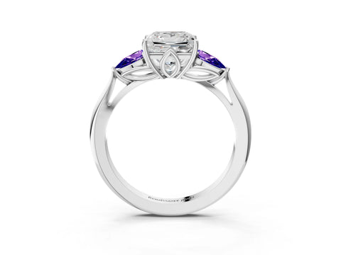 White gold Princess Cut Diamond Three-Stone Ring with Pear with Tanzanite side stone Side Stones and Prong Setting_3