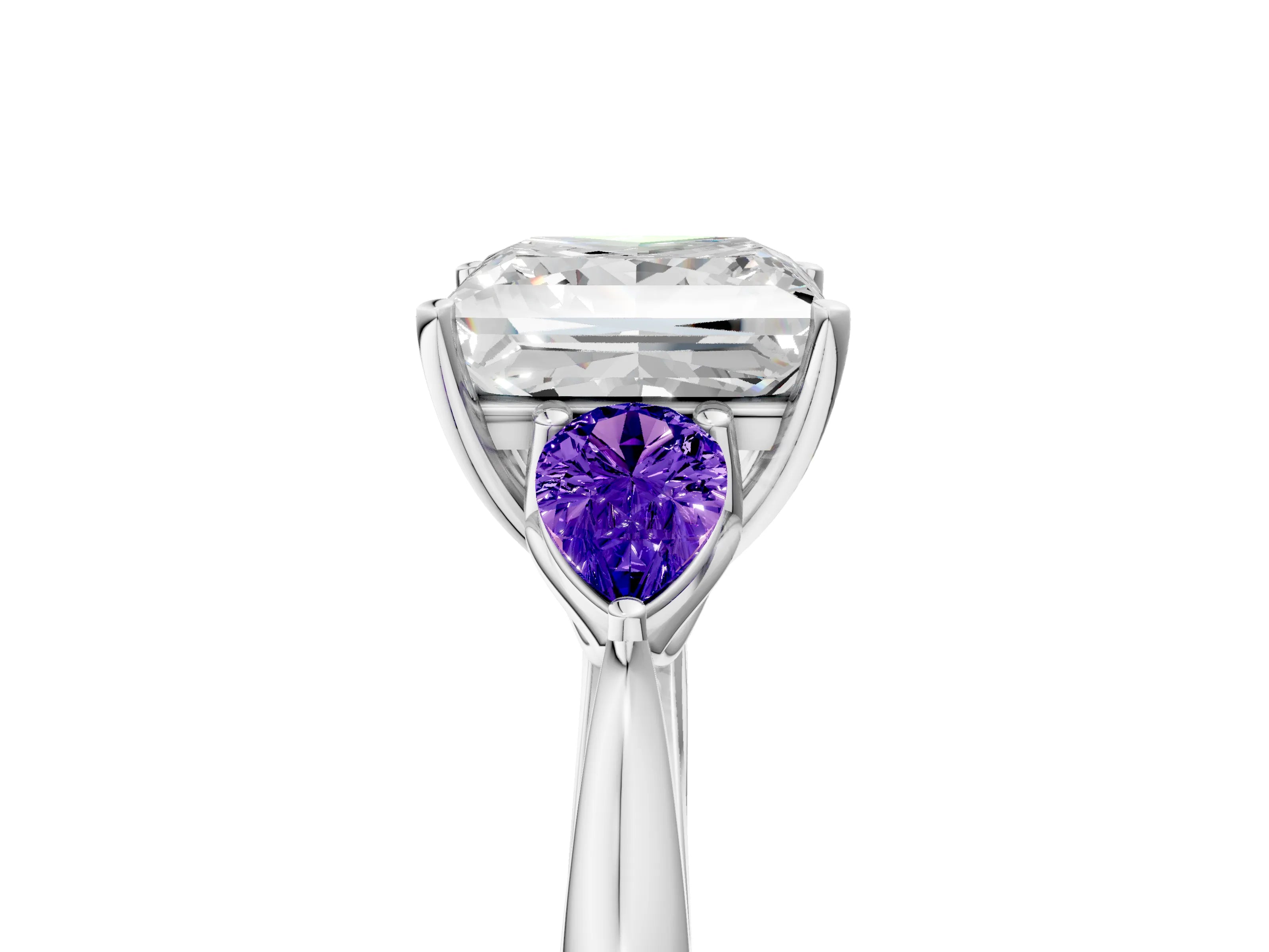 White gold Princess Cut Diamond Three-Stone Ring with Pear with Tanzanite side stone Side Stones and Prong Setting_5