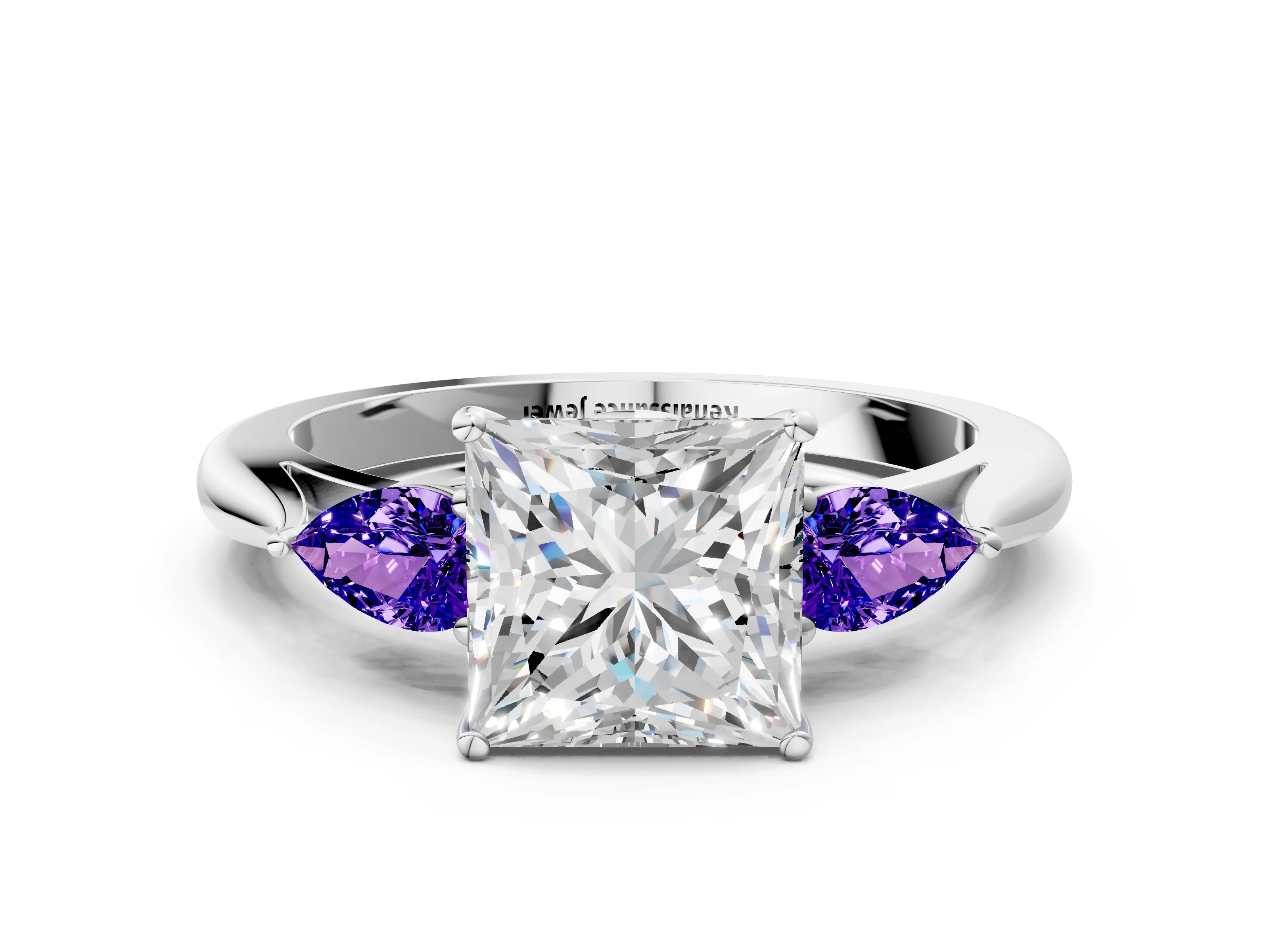 White gold Princess Cut Diamond Three-Stone Ring with Pear with Tanzanite side stone Side Stones and Prong Setting