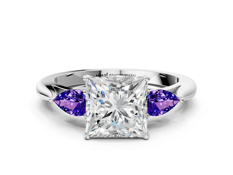 White gold Princess Cut Diamond Three-Stone Ring with Pear with Tanzanite side stone Side Stones and Prong Setting
