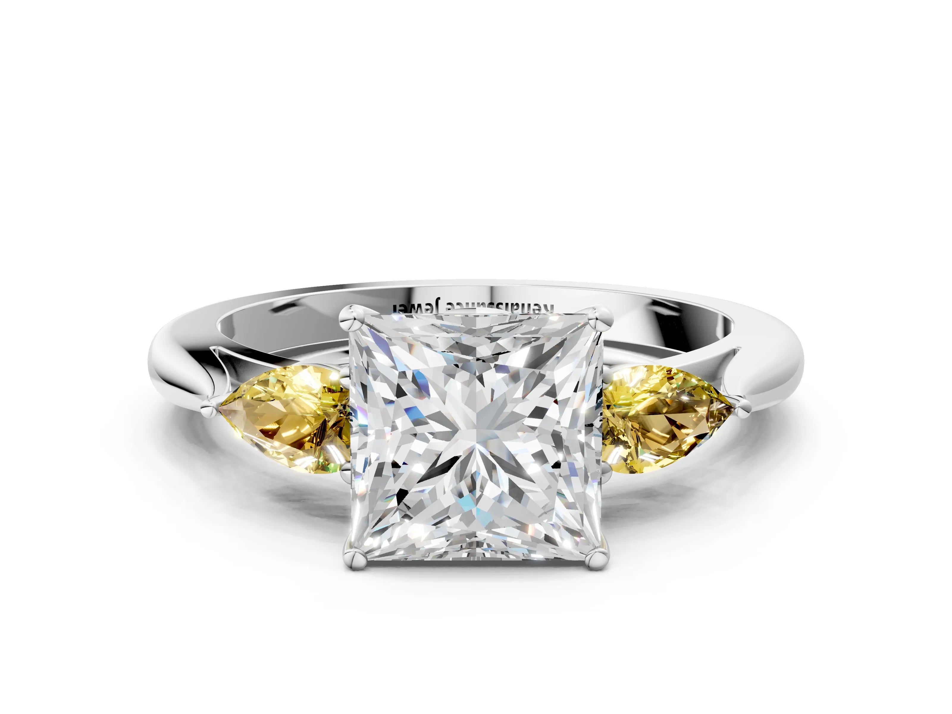 White gold Princess Cut Diamond Three-Stone Ring with Pear with Yellow Sapphire side stone Side Stones and Prong Setting_24