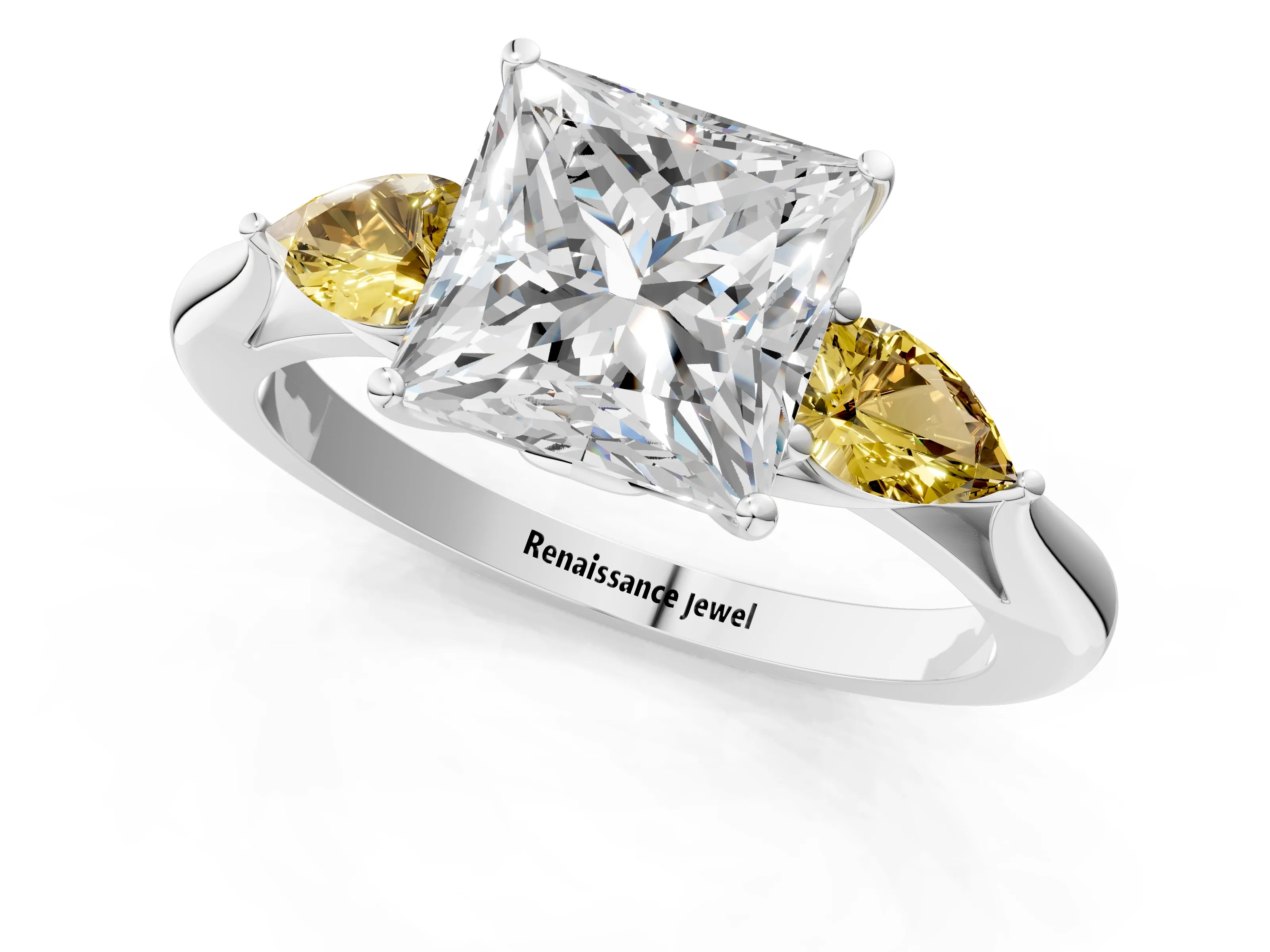 White gold Princess Cut Diamond Three-Stone Ring with Pear with Yellow Sapphire side stone Side Stones and Prong Setting_37