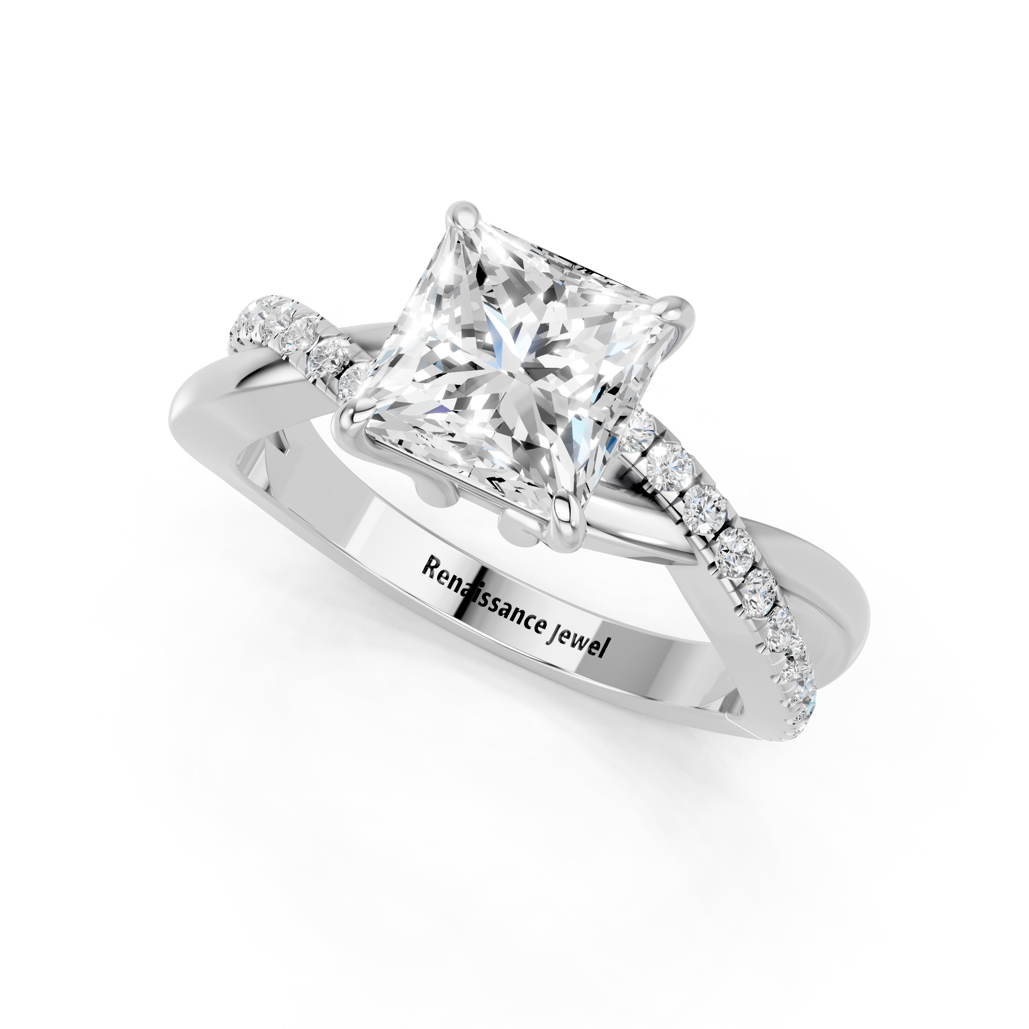 White gold Princess Cut Diamond Twist Band Solitaire with Prong Setting_35