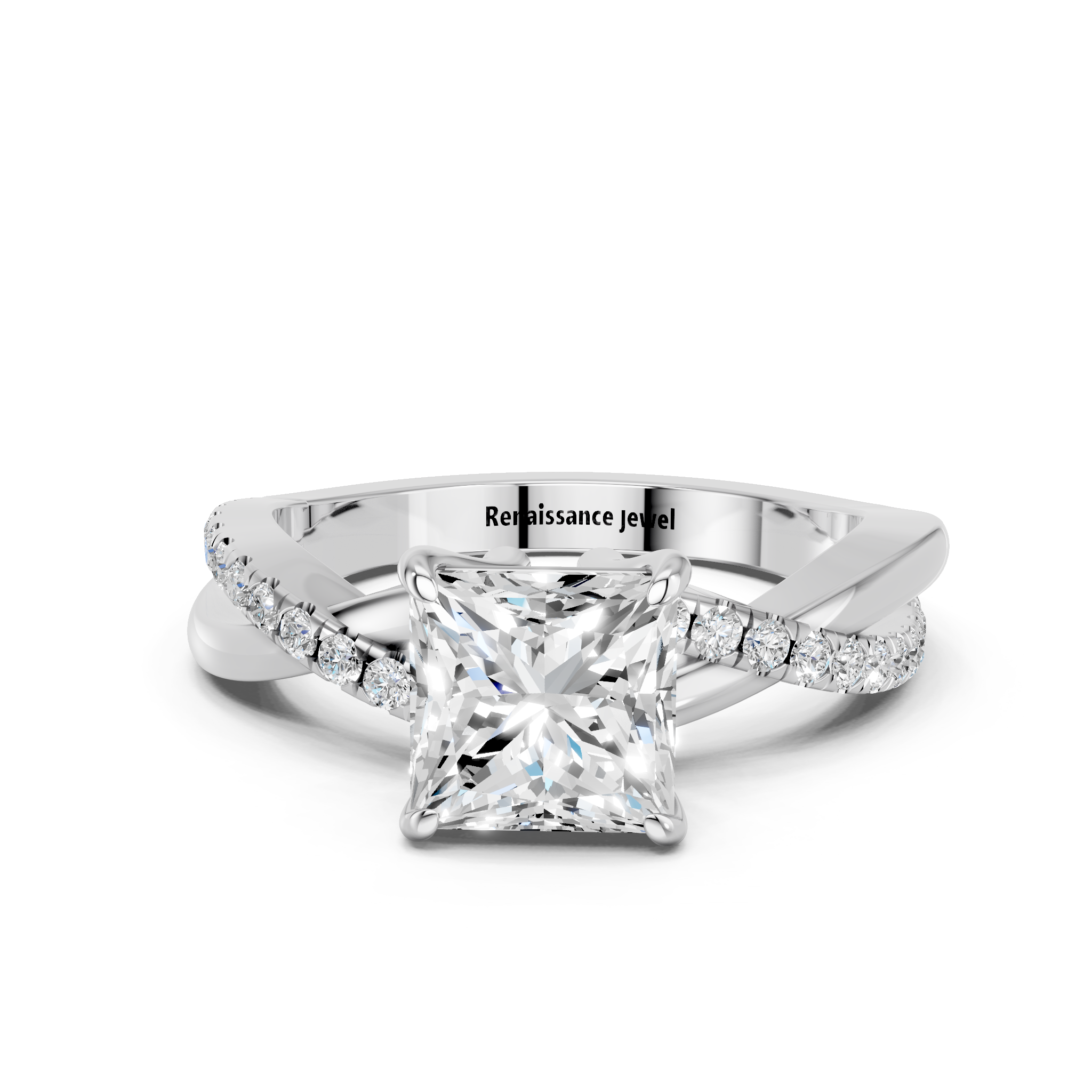 White gold Princess Cut Diamond Twist Band Solitaire with Prong Setting_43