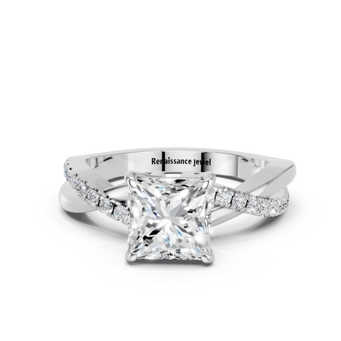 White gold Princess Cut Diamond Twist Band Solitaire with Prong Setting_43