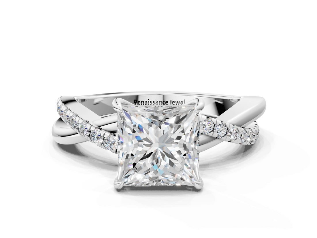 White gold Princess Cut Diamond Twisted Band with Pavé Setting and Four-Prong Setting_55