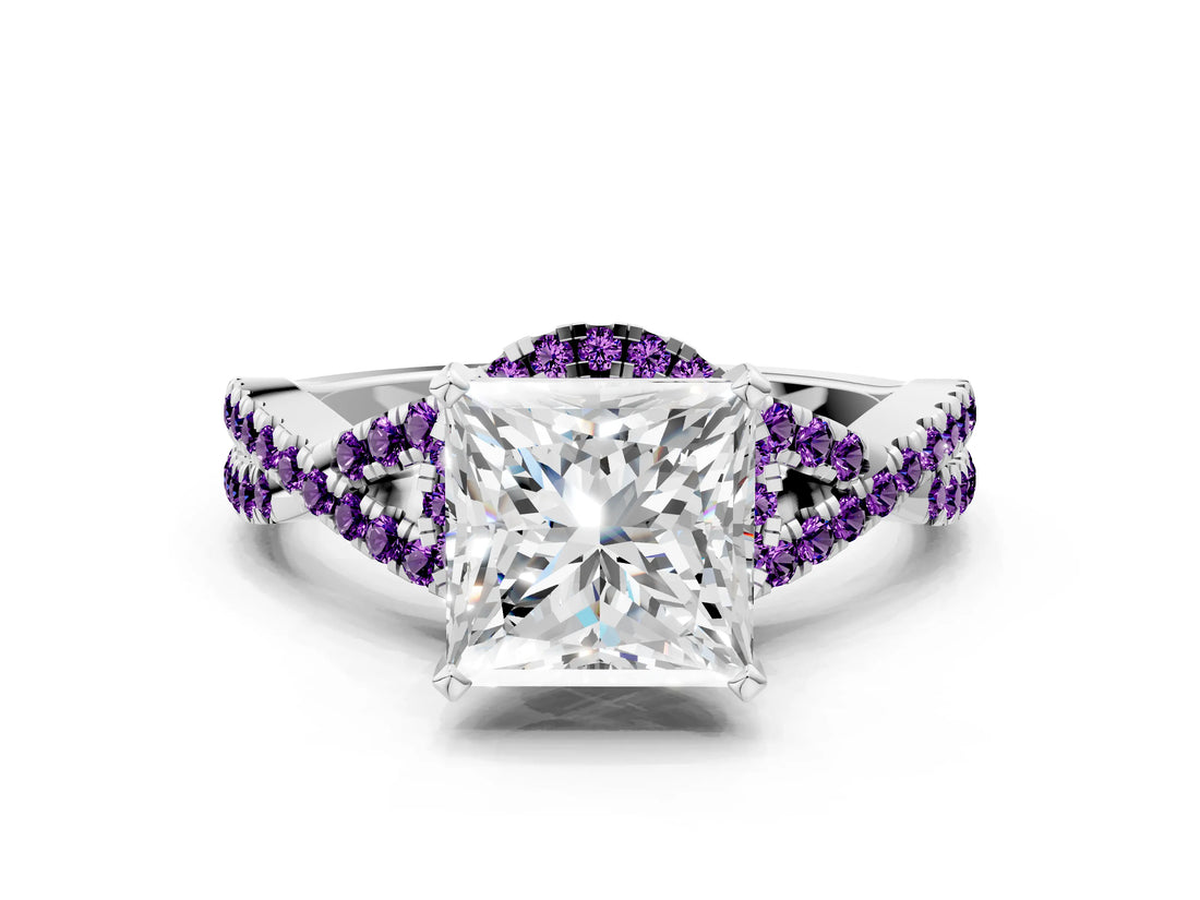 White gold Princess Cut Diamond with Amethyst side stone Halo Twist Band Solitaire Prong Setting Ring_12