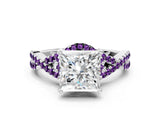 White gold Princess Cut Diamond with Amethyst side stone Halo Twist Band Solitaire Prong Setting Ring_12