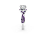 White gold Princess Cut Diamond with Amethyst side stone Halo Twist Band Solitaire Prong Setting Ring_14