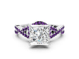White gold Princess Cut Diamond with Amethyst side stone Halo Twist Band Solitaire Prong Setting Ring_24