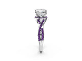 White gold Princess Cut Diamond with Amethyst side stone Halo Twist Band Solitaire Prong Setting Ring_26