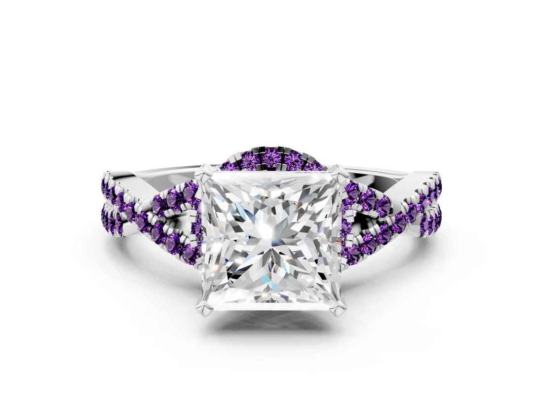 White gold Princess Cut Diamond with Amethyst side stone Halo Twist Band Solitaire Prong Setting Ring_30