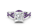 White gold Princess Cut Diamond with Amethyst side stone Halo Twist Band Solitaire Prong Setting Ring_30