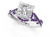 White gold Princess Cut Diamond with Amethyst side stone Halo Twist Band Solitaire Prong Setting Ring_31