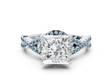 White gold Princess Cut Diamond with Aquamarine side stone Halo Twist Band Solitaire Prong Setting Ring_12