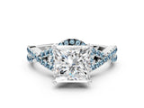 White gold Princess Cut Diamond with Aquamarine side stone Halo Twist Band Solitaire Prong Setting Ring_24