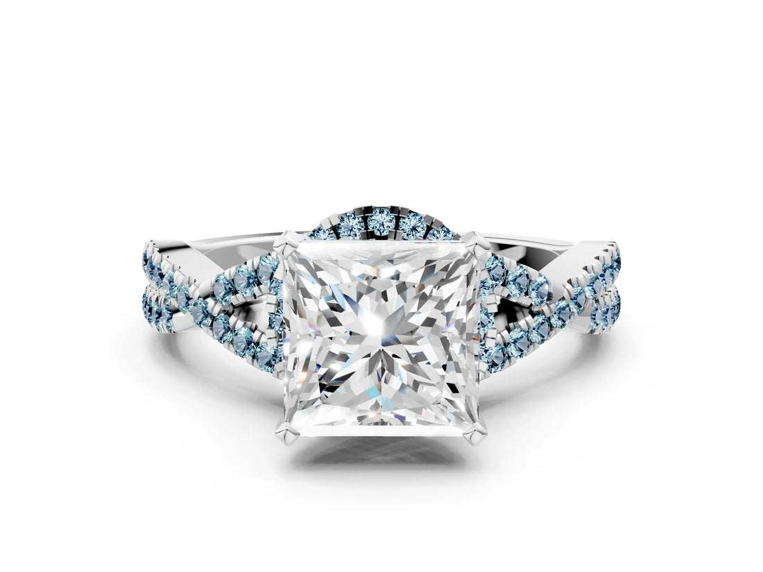White gold Princess Cut Diamond with Aquamarine side stone Halo Twist Band Solitaire Prong Setting Ring_36