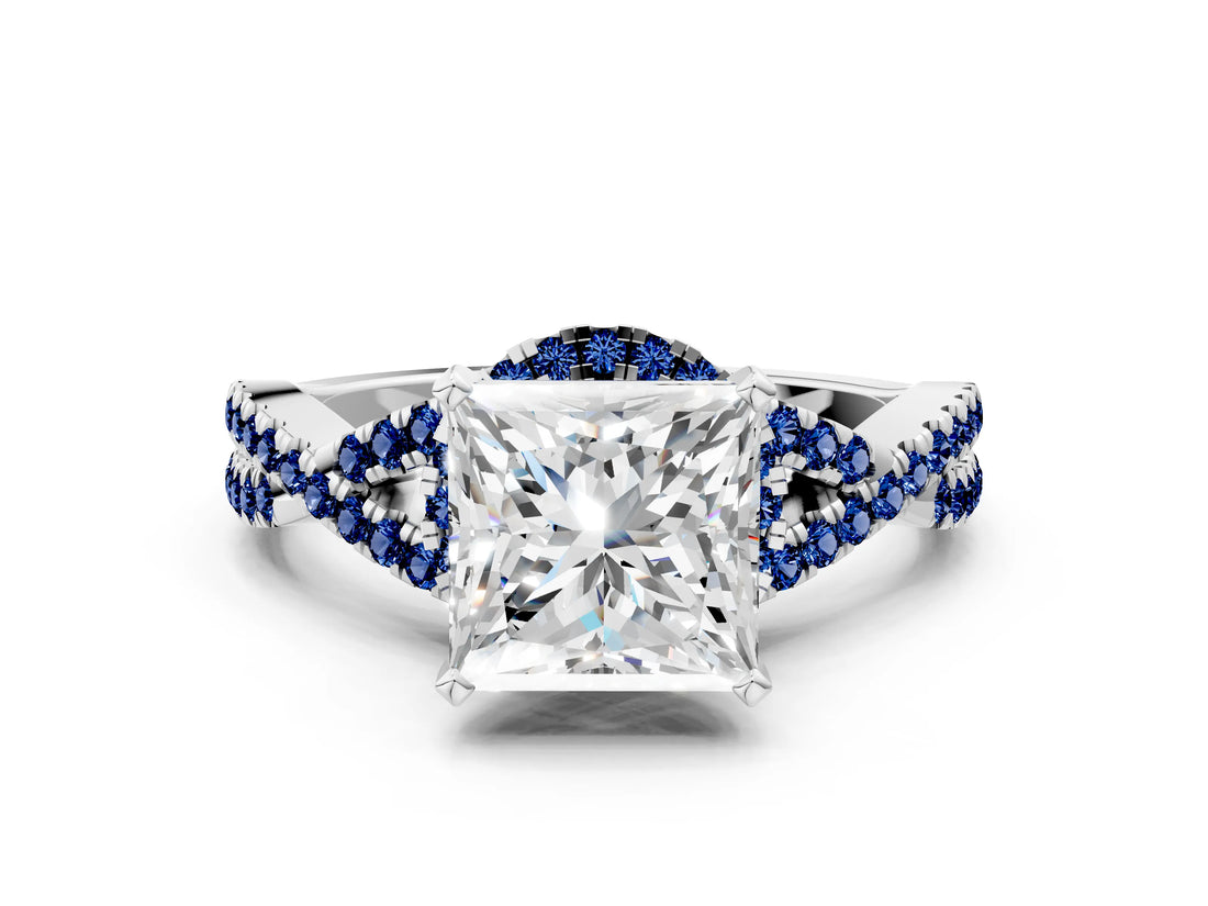 White gold Princess Cut Diamond with Blue Sapphire side stone Halo Twist Band Solitaire Prong Setting Ring_12