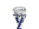 White gold Princess Cut Diamond with Blue Sapphire side stone Halo Twist Band Solitaire Prong Setting Ring_17