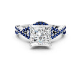 White gold Princess Cut Diamond with Blue Sapphire side stone Halo Twist Band Solitaire Prong Setting Ring_24