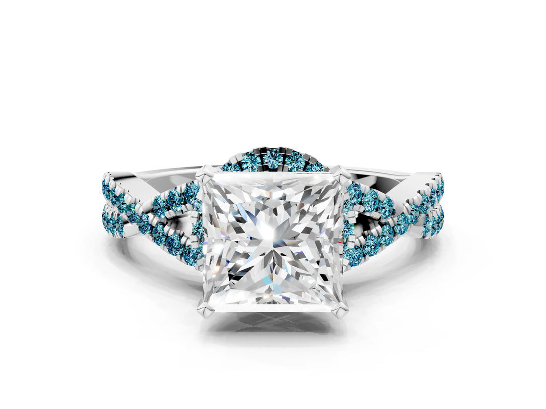 White gold Princess Cut Diamond with Blue Topaz side stone Halo Twist Band Solitaire Prong Setting Ring_12