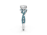 White gold Princess Cut Diamond with Blue Topaz side stone Halo Twist Band Solitaire Prong Setting Ring_14