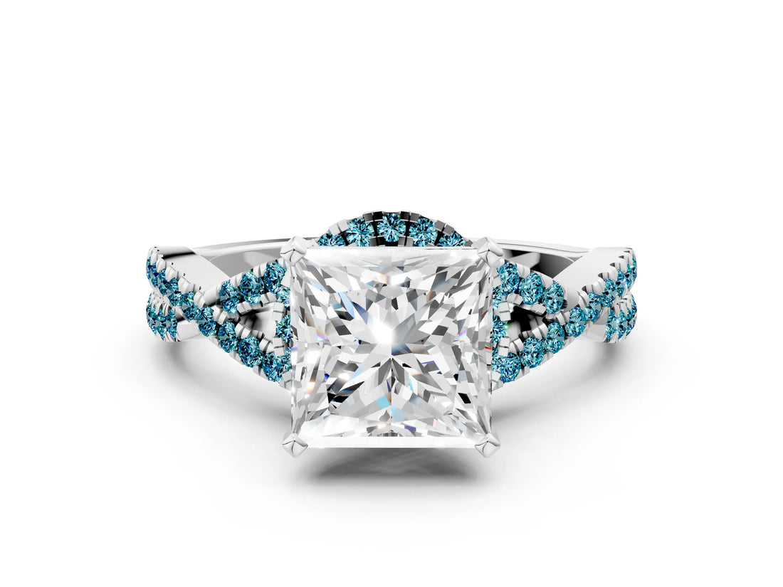 White gold Princess Cut Diamond with Blue Topaz side stone Halo Twist Band Solitaire Prong Setting Ring_25