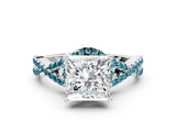White gold Princess Cut Diamond with Blue Topaz side stone Halo Twist Band Solitaire Prong Setting Ring_25