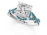 White gold Princess Cut Diamond with Blue Topaz side stone Halo Twist Band Solitaire Prong Setting Ring_26