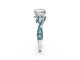 White gold Princess Cut Diamond with Blue Topaz side stone Halo Twist Band Solitaire Prong Setting Ring_27