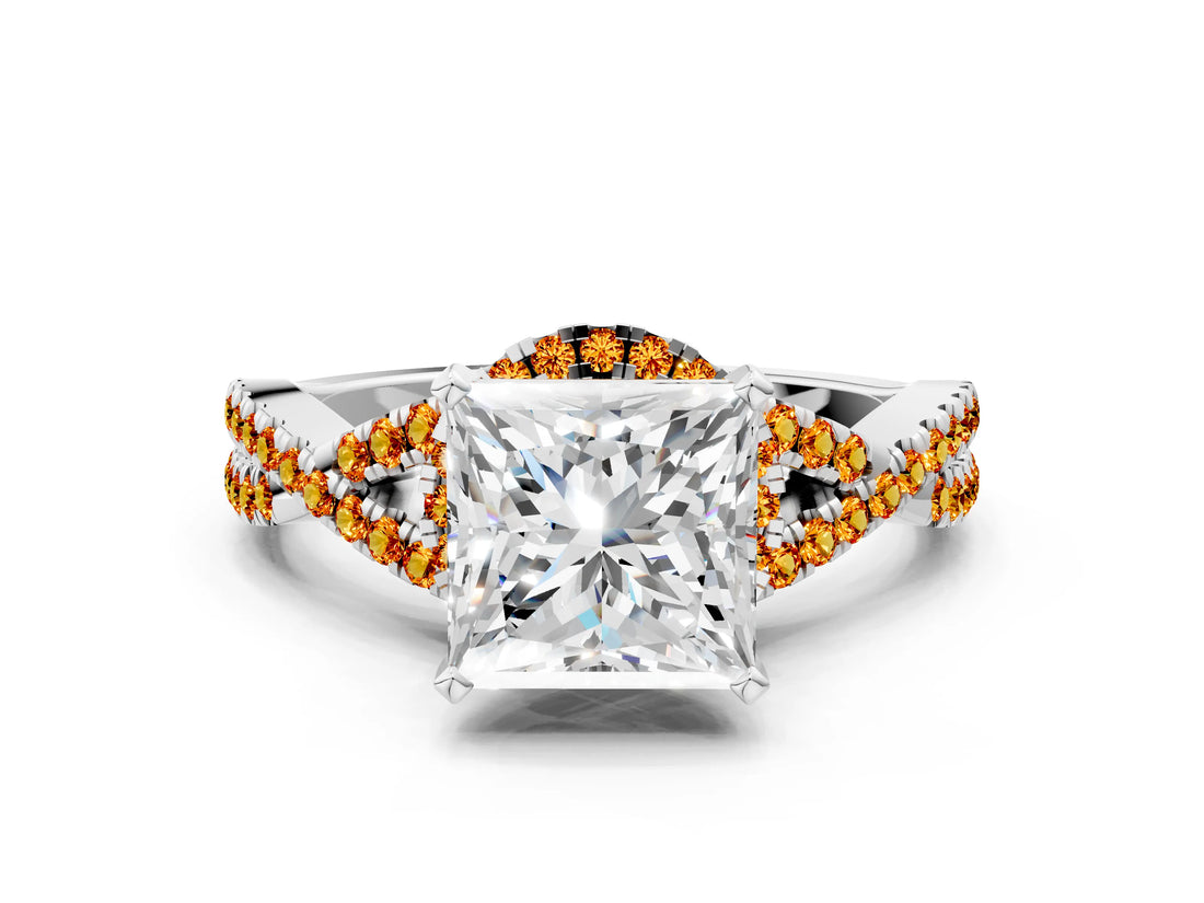 White gold Princess Cut Diamond with Citrine side stone Halo Twist Band Solitaire Prong Setting Ring_12