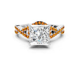 White gold Princess Cut Diamond with Citrine side stone Halo Twist Band Solitaire Prong Setting Ring_12