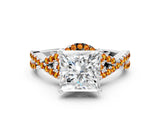 White gold Princess Cut Diamond with Citrine side stone Halo Twist Band Solitaire Prong Setting Ring_24