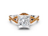 White gold Princess Cut Diamond with Citrine side stone Halo Twist Band Solitaire Prong Setting Ring_30