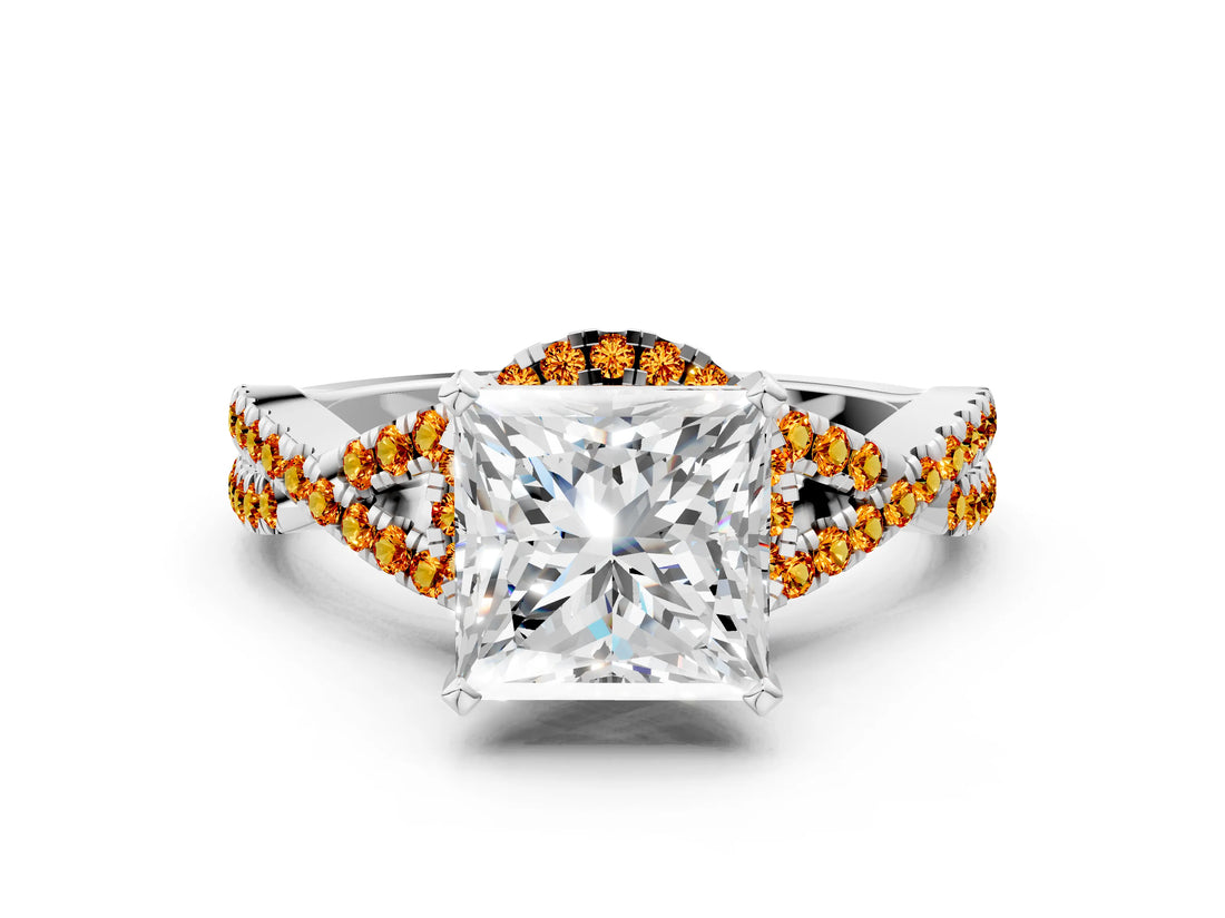 White gold Princess Cut Diamond with Citrine side stone Halo Twist Band Solitaire Prong Setting Ring_42