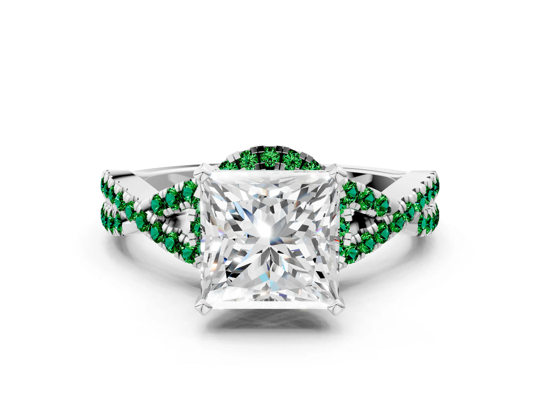 White gold Princess Cut Diamond with Emerald side stone Halo Twist Band Solitaire Prong Setting Ring_12
