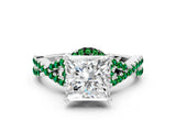 White gold Princess Cut Diamond with Emerald side stone Halo Twist Band Solitaire Prong Setting Ring_12